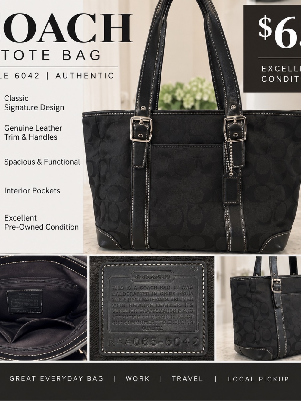Coach Black Signature Tote with Leather Trim